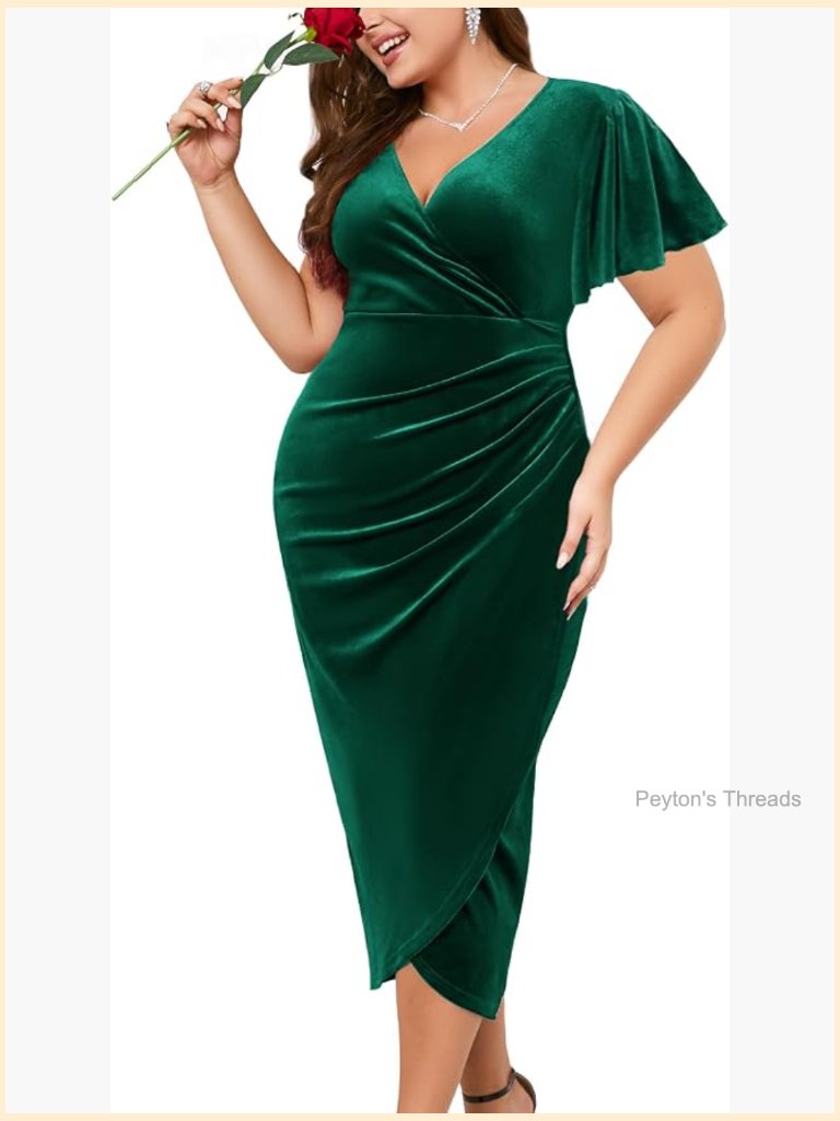 Plus Size Velvet Wrap Dress Ruched Bodycon Long Sleeve Ruffle Elegant Party